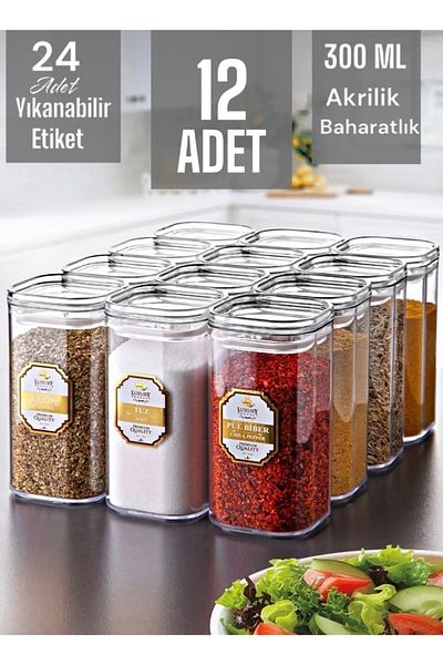 Dem Home Gold Labeled 12-Piece Acrylic Vacuum Square Spice Jar Set 300 Ml - Spice Jar Set with Leakproof Lid