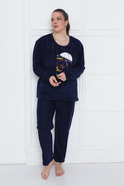 VariaMart Winter Plus Size Wellsoft Fleece Women's Pajamas Set Navy Blue Umbrella Patterned