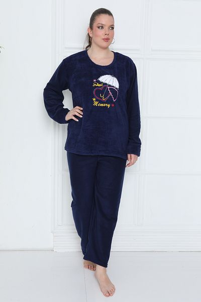 VariaMart Winter Plus Size Wellsoft Fleece Women's Pajamas Set Navy Blue Umbrella Patterned
