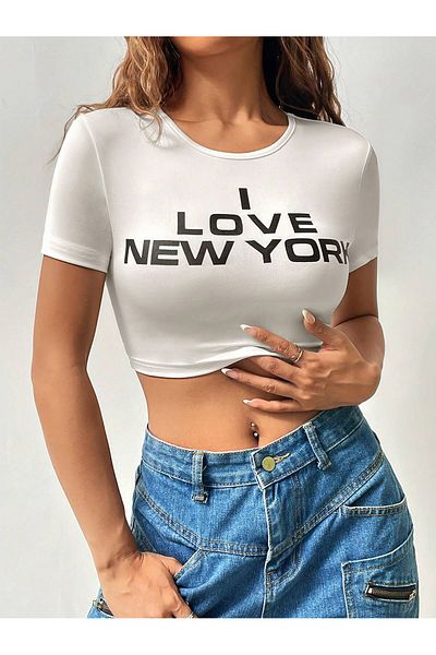 Bengi Clothing Λευκό οργανικό βαμβακερό εμπριμέ κοντό μανίκι Crop Top