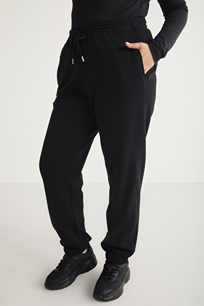 ETHIQUET Γυναικείο παντελόνι Fleece Comfort Fit Lenkabb με ελαστική μέση και πόδι σε μαύρο μεγάλο μέγεθος