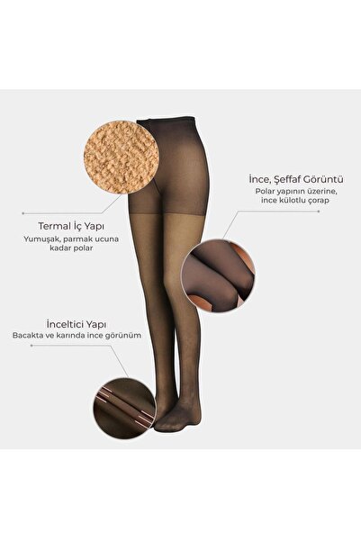 SAUNA SUIT Termal Kışlık Içi Ten Polarlı Dışı Siyah Dokuma Sıcak Tutan Ten Rengi Külotlu Çorap