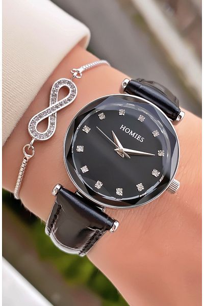 Homies Brand Black Silver Color New Season Leather Cord Waterproof Women's Wristwatch - Bracelet