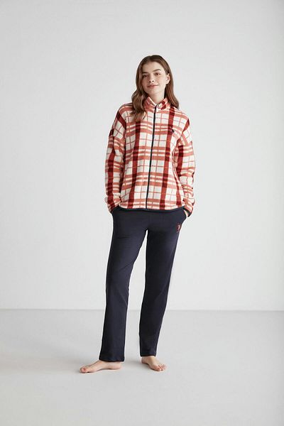 U.S. Polo Assn. Set de pijamale din 2 piese, din bumbac, portocaliu și alb, în carouri, cu fermoar, cu picioare drepte