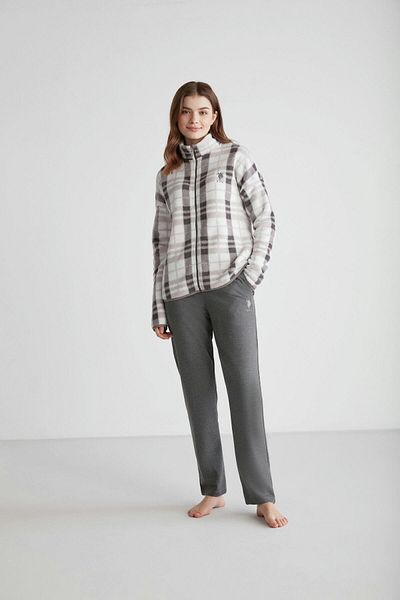U.S. Polo Assn. Set de pijamale din 2 piese pentru femei, din bumbac, gri și alb, în carouri, cu fermoar, cu picioare drepte