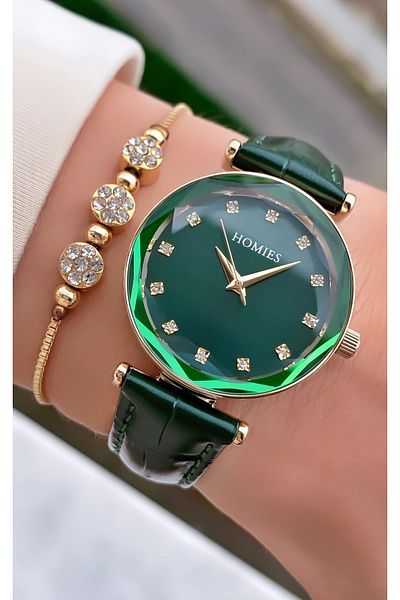 Homies Brand Green Color New Season Leather Cord Waterproof Women's Wristwatch - Bracelet