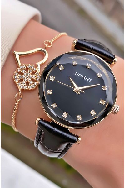 Homies Brand Black Color New Season Leather Cord Waterproof Women's Wristwatch - Bracelet