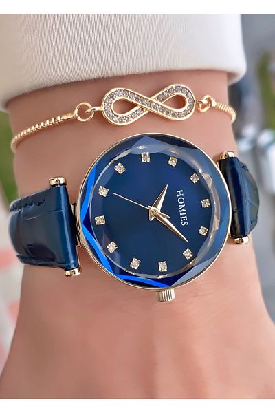 Homies Brand Navy Blue Color New Season Leather Cord Waterproof Women's Wristwatch - Bracelet