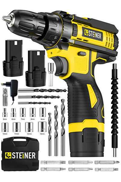 STEİNER Alman Turbo Profesyonel 128 Vf 10 Ah Otomatik Korumalı Metal Şanzuman Çift Akülü Şarjlı Matkap + Set