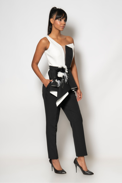 RENGIN Üstü çift renkli beli çiçekli krep pantolonlu ikili abiye takım