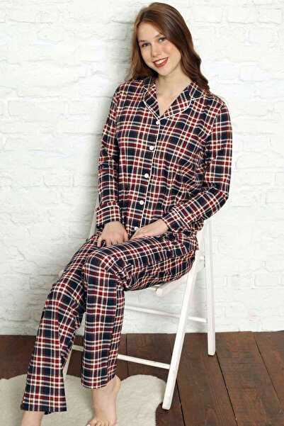 ALİMER طقم بيجامة نسائي مربعات - ياقة بأزرار وأكمام طويلة