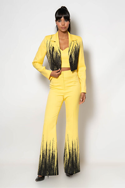 RENGIN Ceketi ve paçaları renk detaylı croplu üçlü abiye takım