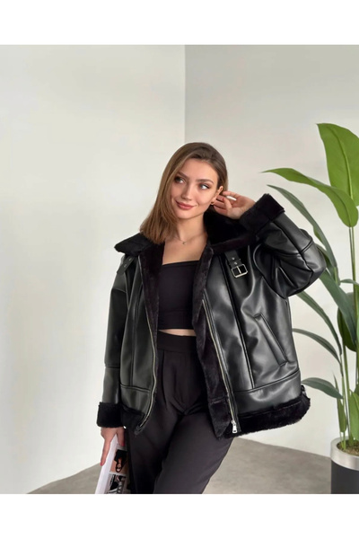 Ekim Store Γυαλιστερό δερμάτινο Thai Feather Biker Μαύρο παλτό