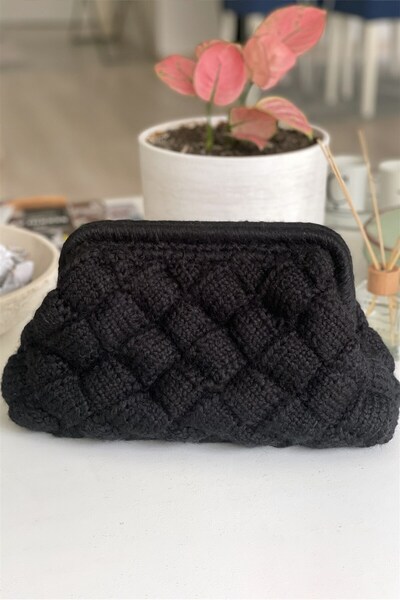 black ice atelier El Yapımı Siyah Diamond Yün Örgü El Çantası