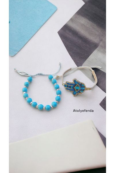 Atolye Ferda Turquoise Stone Bracelet and Turquoise Color Miyuki Hamsa Bracelet Set
