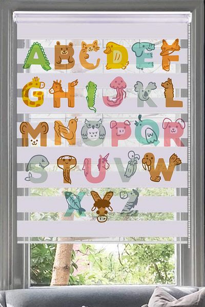Lotus Cute Animals and Alphabet Patterned Zebra Curtain - Children's Room - Baby Room - Animalalphabet