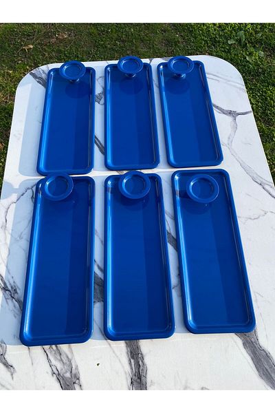 Aslı Hediyelik 2 Model 6-Piece Blue Baton Tray and 6-Piece Blue Macaron Bowl, Coffee and Pastry Serving Presentation Tray