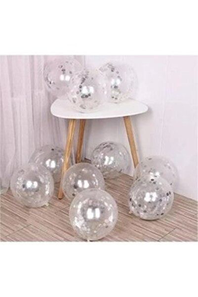 Baloncum Gümüş Konfetili Şeffaf Balon 10 Adet 30 Cm Pullu Balon Balon Pulu Şe...