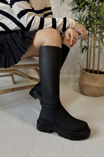 POLKA Women's Daisy Thick Sole Below Knee Zipper Comfortable Extra Matte Black Leather Boots