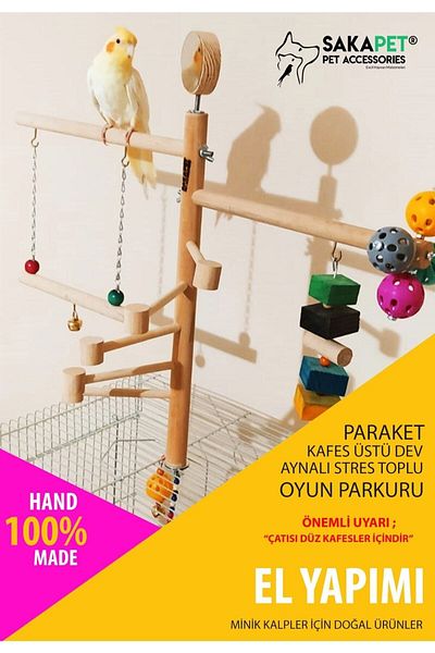 SAKAPET Parrot Cage - Giant Perch, Double Mirror Stress Collective Play Track