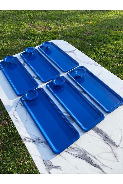 Aslı Hediyelik 2 Model 6-Piece Blue Baton Tray and 6-Piece Blue Macaron Bowl, Coffee and Pastry Serving Presentation Tray