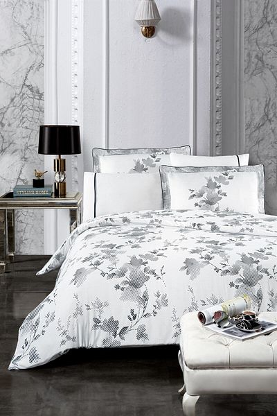 Silkarea Florentina 100% Cotton Satin Duvet Cover Set – Double, Elastic, White-Black Patterned