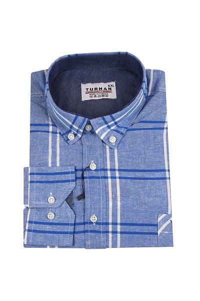 TURHAN TRİKO Κατάλληλο για ανδρικό 110 κιλά Slim Fit Εποχιακό μακρυμάνικο πουκάμισο Saks Blue