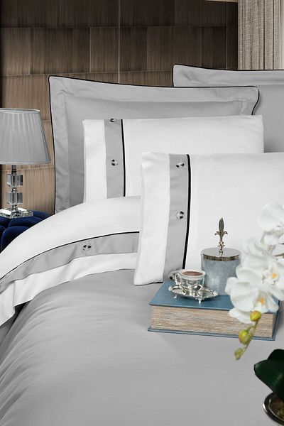 Silkarea Ricchi 100% Cotton Satin Duvet Cover Set – Double, Gray-White with Elastic Sheet