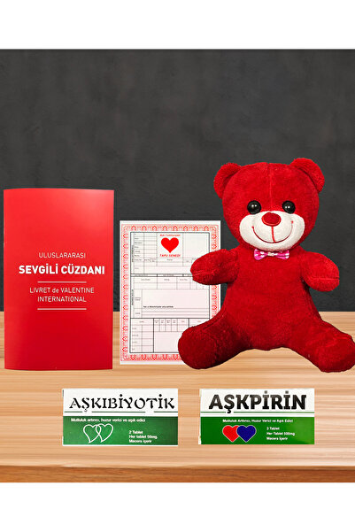 lenostra Sevgiliye Romantik Hediye Kırmızı Ayıcık - Aşkpirin - Aşkıbiyotik - Sevgili Cüzdanı ve Aşk Tapusu