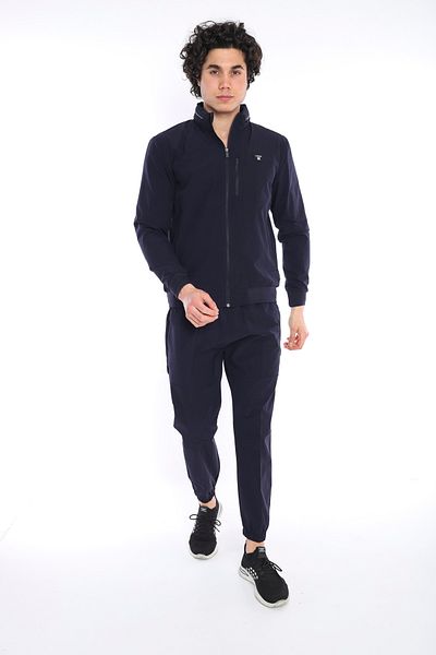 NEED LİFE Men's Navy Blue Wrinkled Fabric Hood Removable Zippered Tracksuit Set