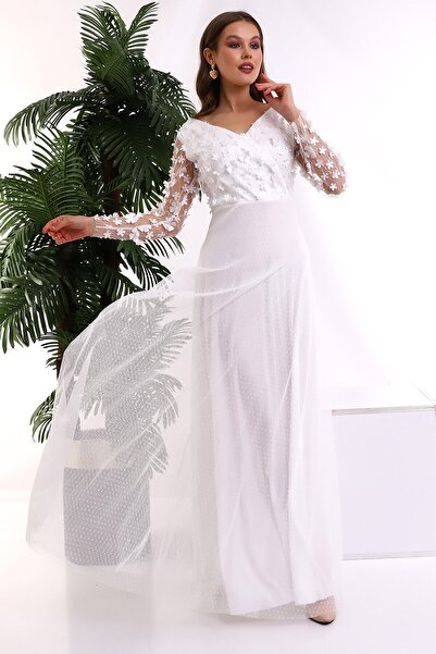 Fasmia Beyaz 3d Papatya Kayık Yaka Kiloş Elbise F115