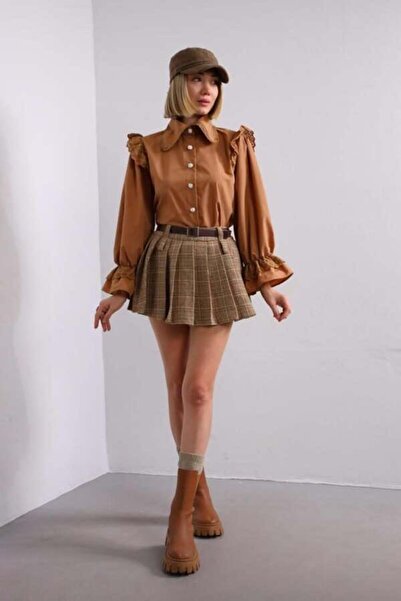 MELEK KOSTAK Kadın Camel Chloe Kolları Ve Yakası Volan Fisto Güpür Detaylı Kahve Bohem Gömlek