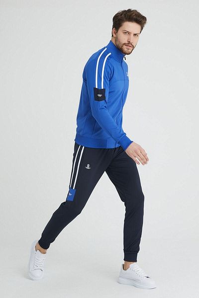 SPORTSTATİON Striped Pocket Zippered Elastic Leg Blue Men's Tracksuit Set