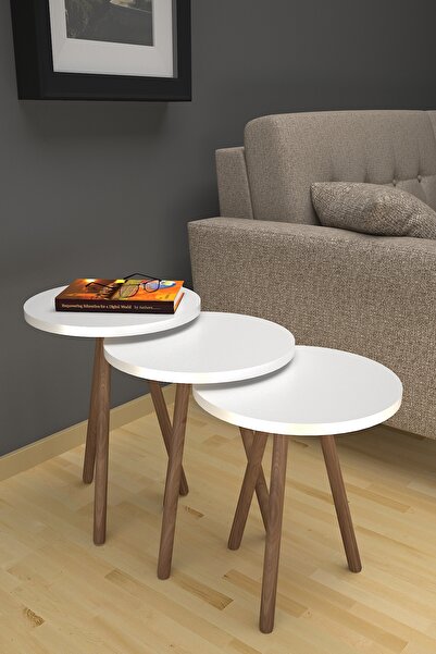 Limnizza 3’lü Yuvarlak Zigon Sehpa Takımı – Ahşap Ayaklı, Modern Tarz, Kahve Ve Sunum Sehpası