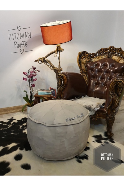 Ottoman Pouffe Dolgulu ! Iskandinav El Yapımı Hakiki Deri Ottoman Kırık Beyaz...