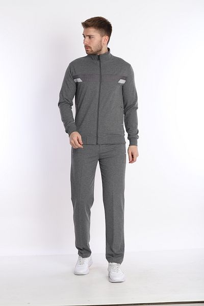 NEED LİFE Men's Gray Casual Zippered Chest Embroidered Bottom Top Tracksuit Set