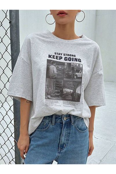 AFROGİYİM Unisex Stay Strong Keep Going Εκτυπωμένο μπλουζάκι Oversize