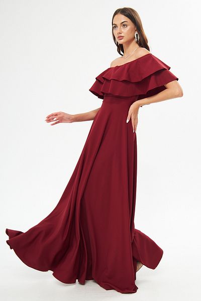 Bidoluelbise Off Shoulder Double Layer Ruffle Detail Neckline Maxi Length Flared Evening & Homecoming Dress