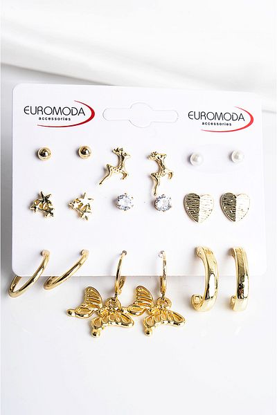 EUROMODA مجموعة أقراط مكونة من 9 قطع بتصميم قلب ونجمة فراشة وغزال مع حلقة من الزركون اللؤلؤي وأقراط كروية