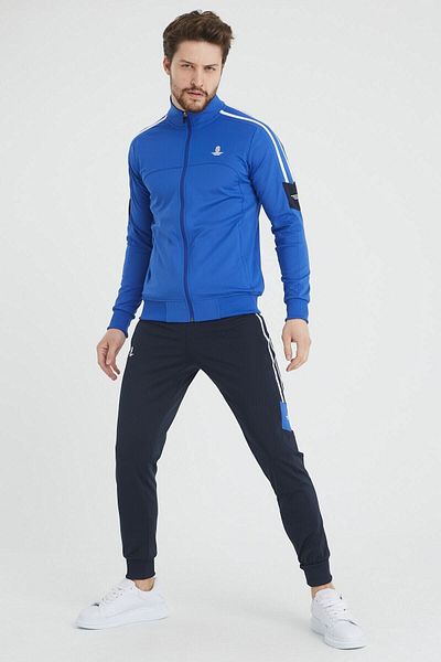 SPORTSTATİON Striped Pocket Zippered Elastic Leg Blue Men's Tracksuit Set