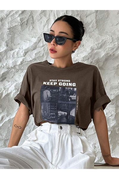 AFROGİYİM Unisex Stay Strong Keep Going Εκτυπωμένο μπλουζάκι Oversize