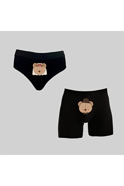 TexKid Kutulu Sevimli Ayı Çift Tasarımlı Kadın Külot Ve Erkek Boxer İkili Set