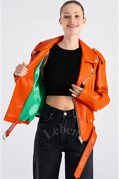 Lebeni Hakiki Deri Ceket Kadın Oversize - Mevsimlik Gerçek Deri Moto Biker Ka...