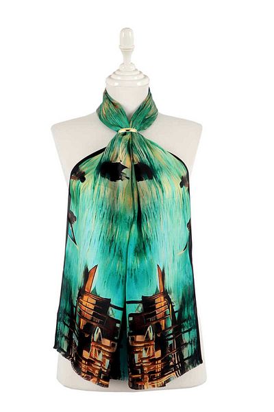 Bursa İpek Water Green Venetian Silk Painting Scarf