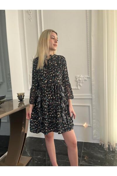 Bohemian Kadın Siyah Fırfırlı Şifon Elbise