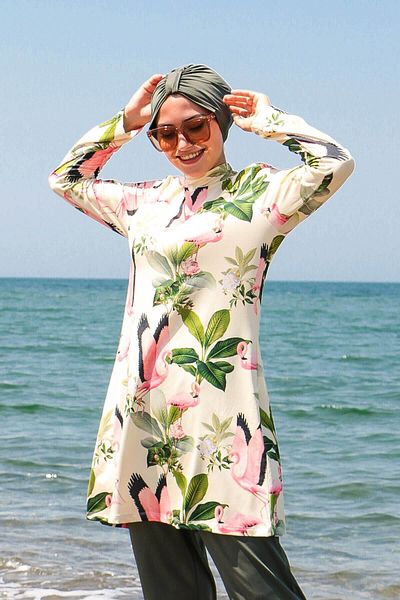 Marina Μαγιό Hijab με σχοινί 4 τεμαχίων με μοτίβο φλαμίνγκο με πλήρη κάλυψη 1966