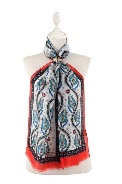 Bursa İpek Red Black Row Tulip Voile Silk Scarf