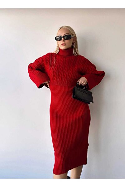 FLEX FASHION Turtleneck Hair Knitted Motif Crop Sweater and Knitwear Dress Set