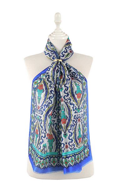 Bursa İpek Saks Green Large Tulip Voile Silk Scarf
