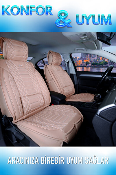 PlusOto مجموعة أغطية مقاعد السيارة المصنوعة من الجلد باللون البيج المتوافقة م...